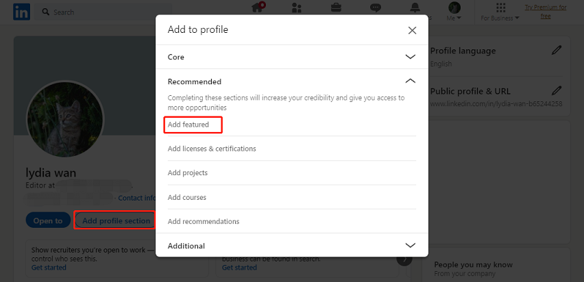 select Add profile section and Add featured