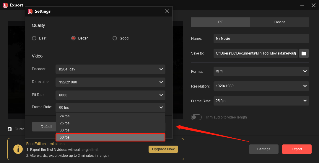 save the recommended frame rate video