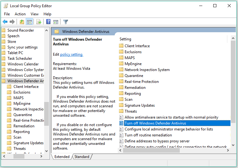 double-click the Turn off Windows Defender Antivirus policy