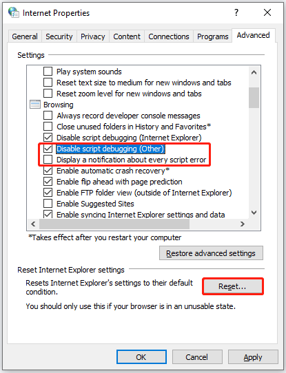 reset IE Explorer settings