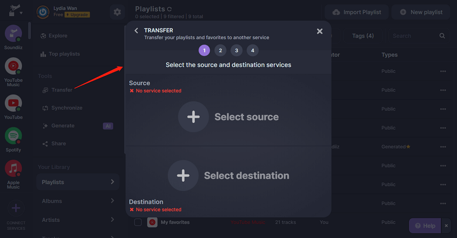 choose Transfer and select the source and destination services