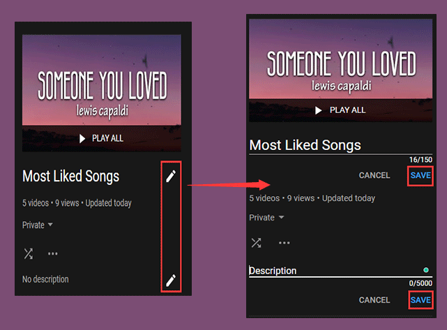 edite o nome e a descrição da playlist