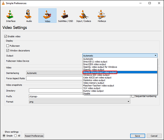 Choose DirectX (Direct Draw) video output