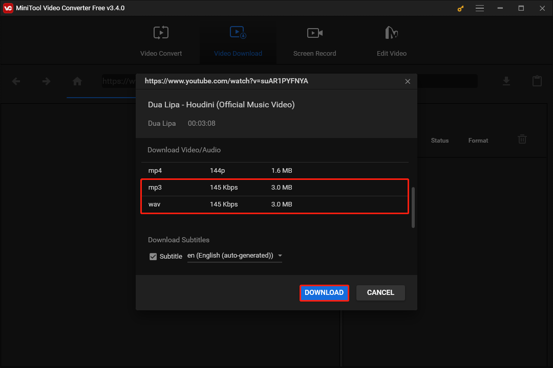 choose the output audio format and click the DOWNLOAD button