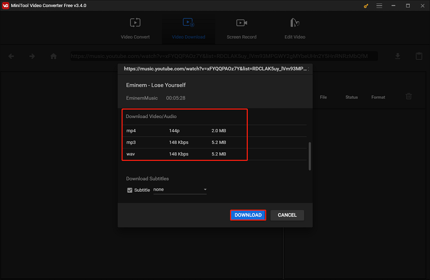 select the output format and click DOWNLOAD