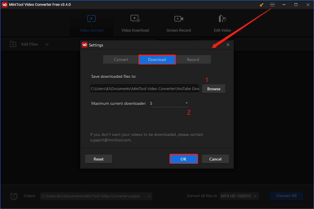 set the output path and number of downloads