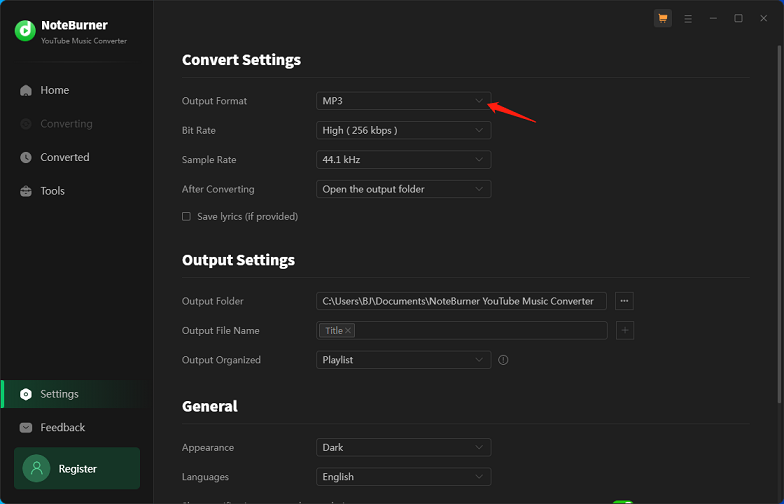 select the output format