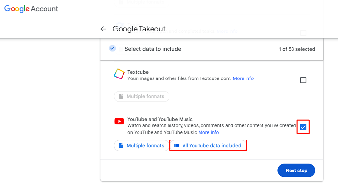 select YouTube and YouTube Music and click All YouTube data included