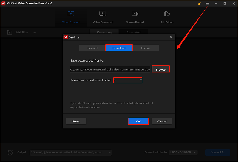 customize the download settings