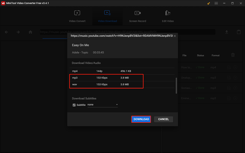 select the download format and click DOWNLOAD