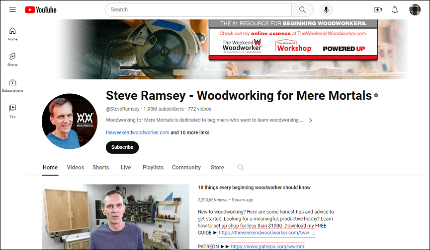 the Steve Ramsey - Woodworking for Mere Mortals YouTube channel