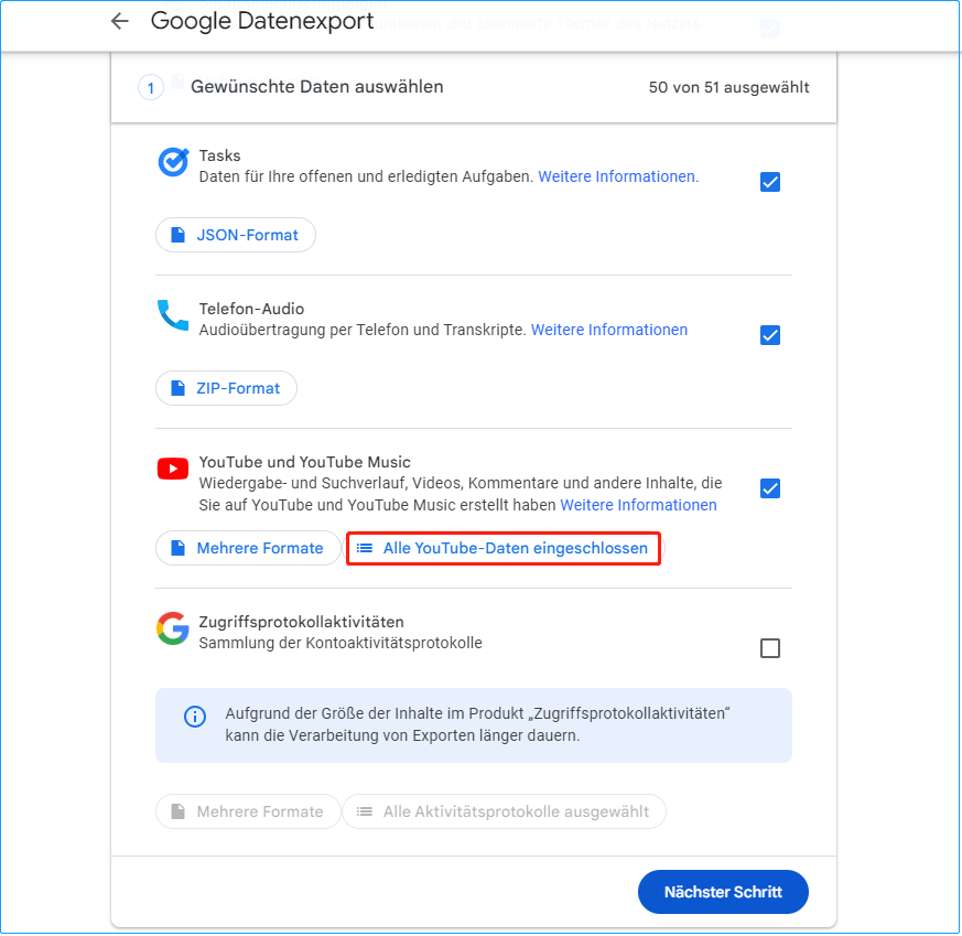 wählen Sie YouTube und YouTube Music und klicken Sie auf Alle YouTube-Daten eingeschlossen