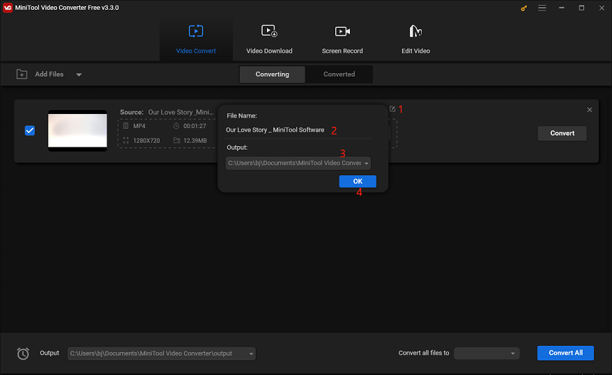 modifier le nom et l'emplacement de la vidéo de sortie