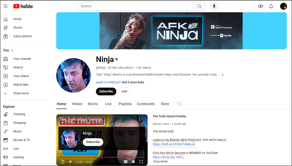 Ninja YouTube channel