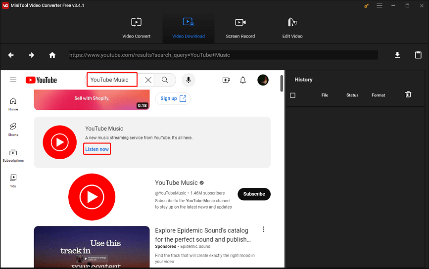 access YouTube Music within MiniTool Video Converter
