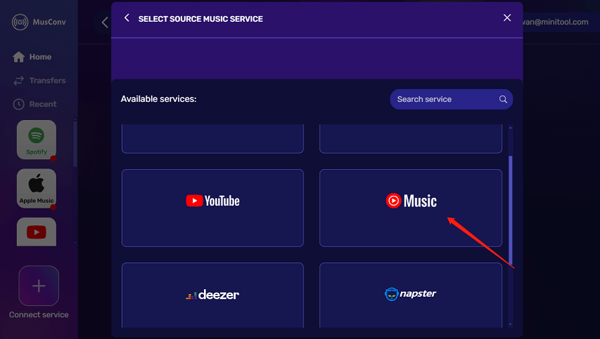 select YouTube Music as the source service
