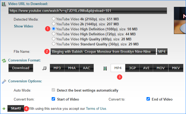 sélectionner le format de sortie vidéo