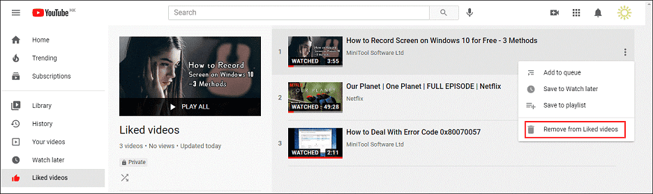click Remove from Liked videos