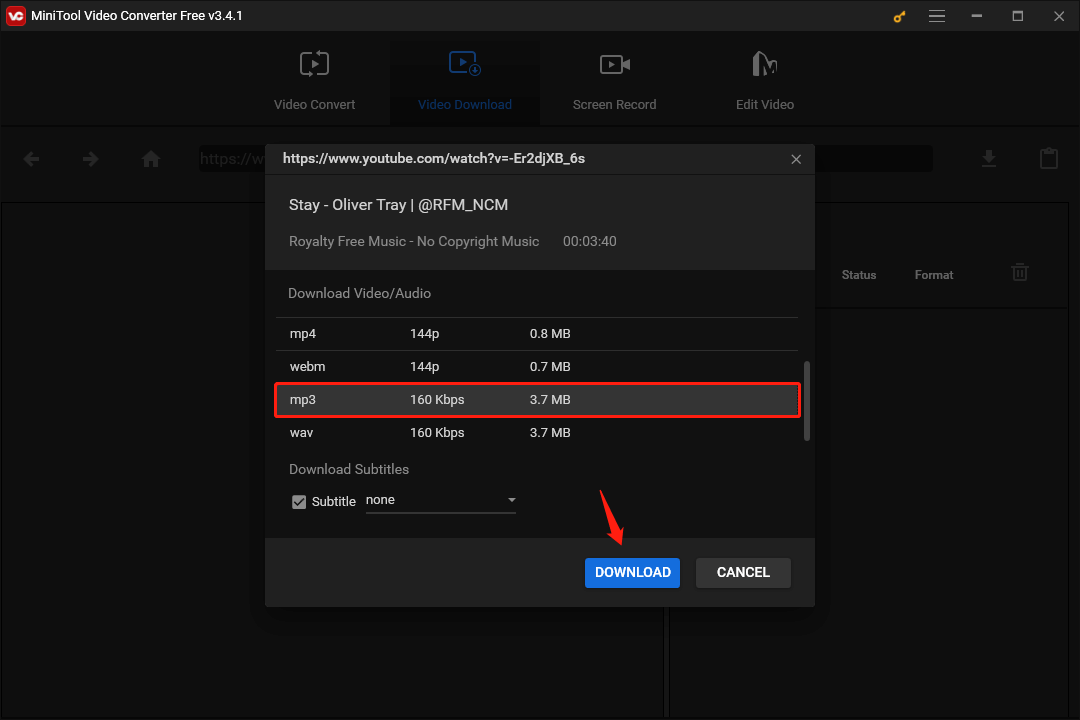 select the output audio format and click the DOWNLOAD button