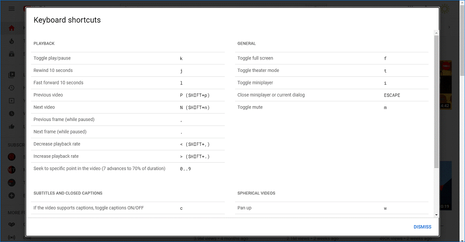 YouTube Keyboard shortcuts page