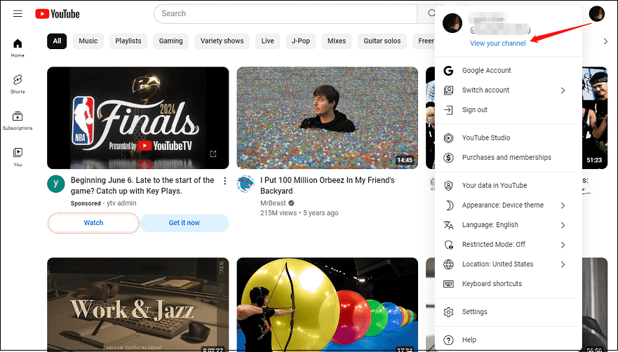 click on your profile picture and select View your channel
