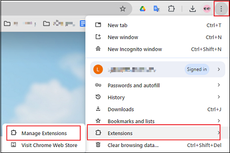 select Extensions and click Manage Extensions