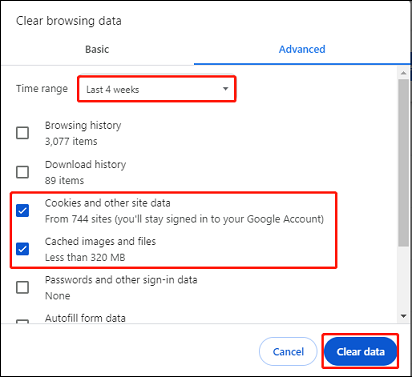 clear Google cache and cookies