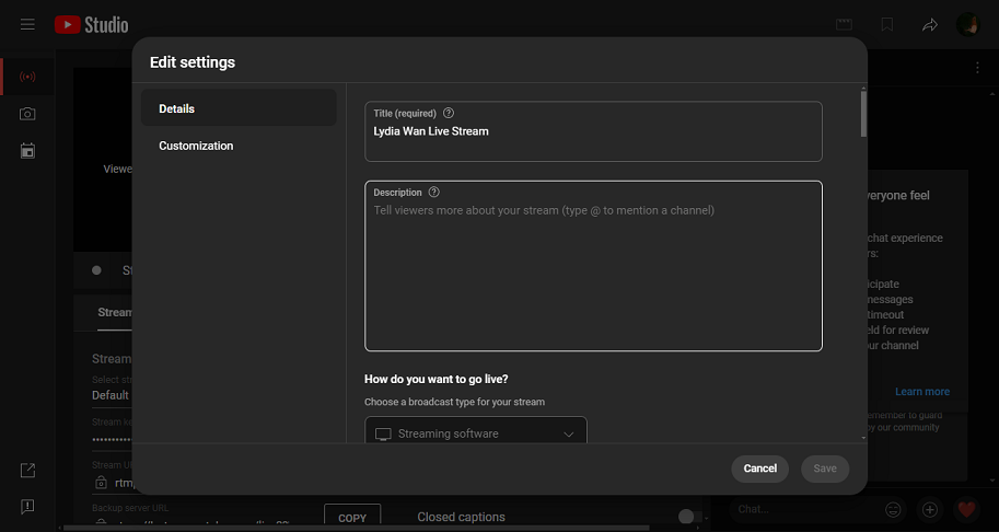edit live stream settings