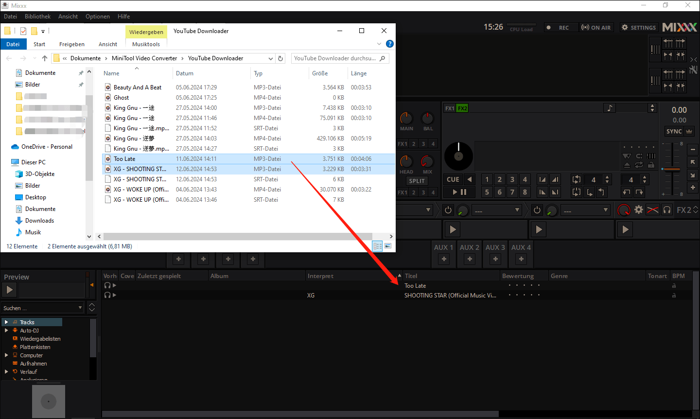 Die gespeicherten YouTube-Songs auf das Mixxx-Deck ziehen