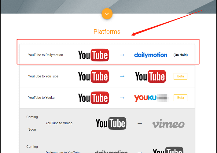 「YouTube to Dailymotion」を選択