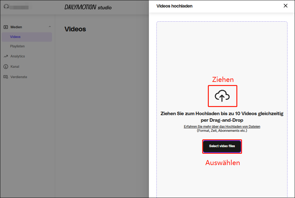 Ziehen oder klicken Sie auf Videodateien auswählen