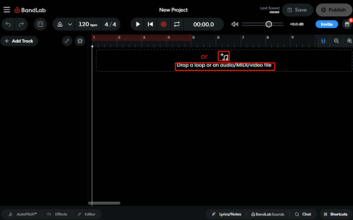 click on the Drop a loop or an audio/MIDI/video file button or + icon