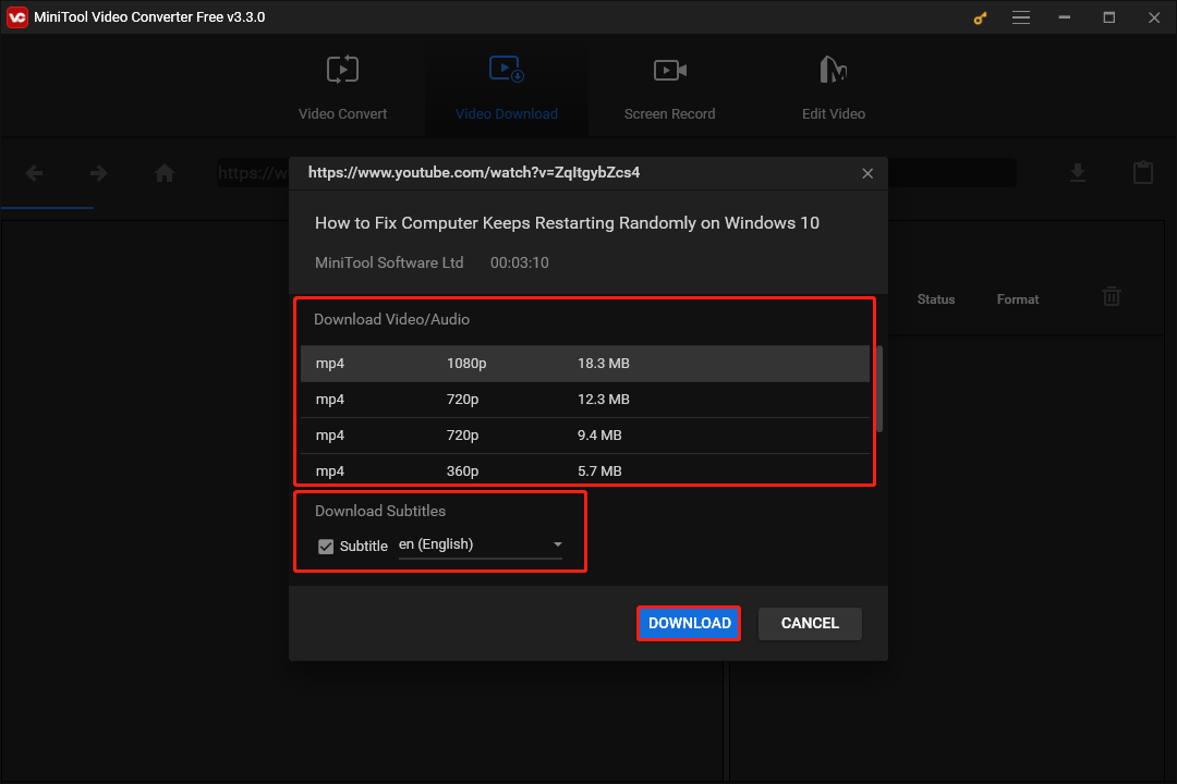 sélectionnez le format vidéo et la résolution à télécharger