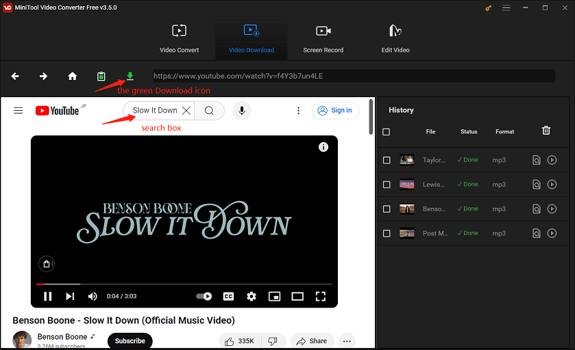 search for music and click the green Download icon