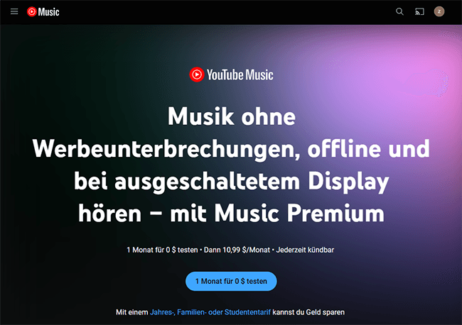 Offizielle YouTube Music-Website