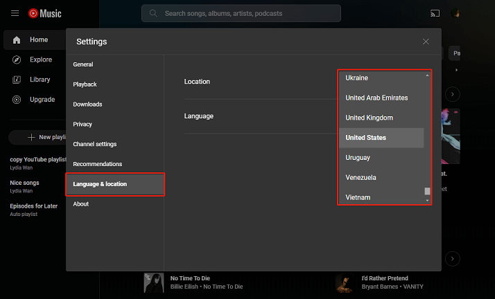 change YouTube Music location