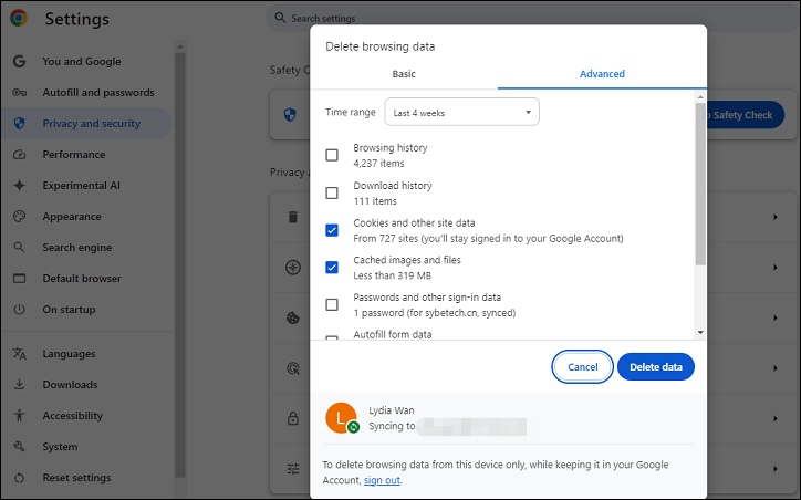 clear browser cache and cookies