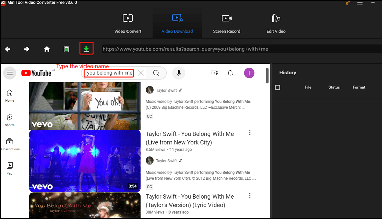 find YouTube video with built-in browser