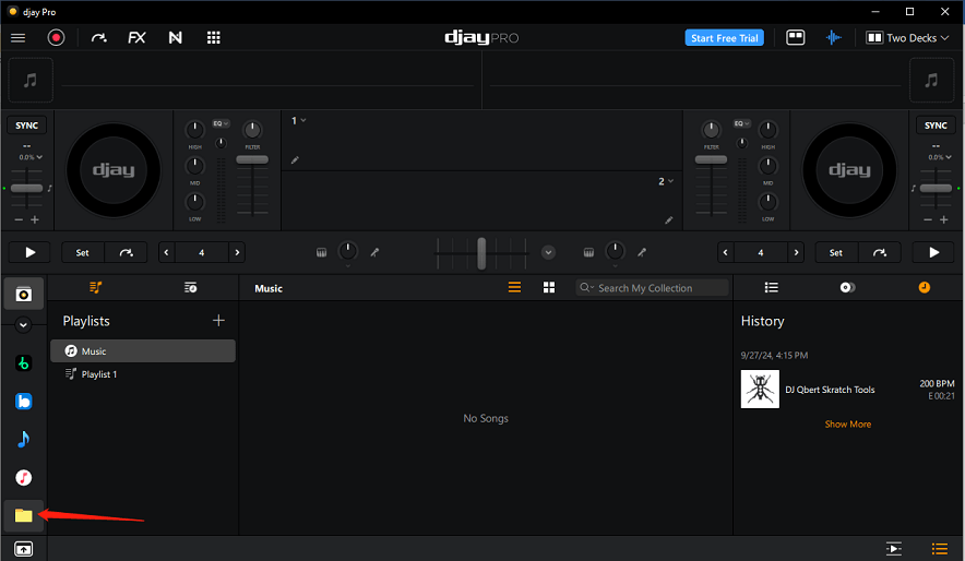 Click the folder icon to import songs in djay Pro