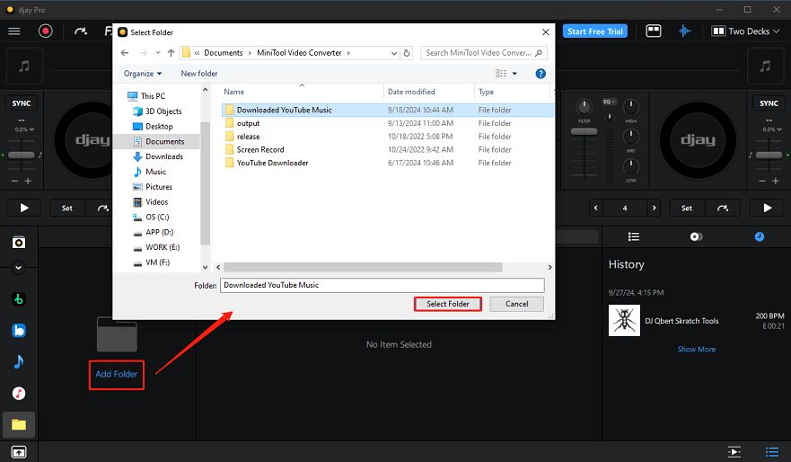 Click Add Folder and then Select Folder to add downloaded music to djay Pro