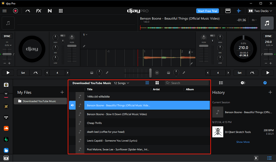 The imported songs in djay Pro’s library for mixing