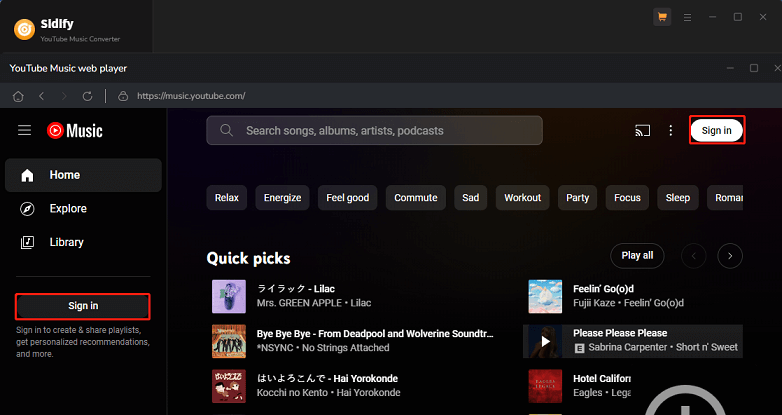 Click Sign in to log into your YouTube Music account in Sidify YouTube Music Converter