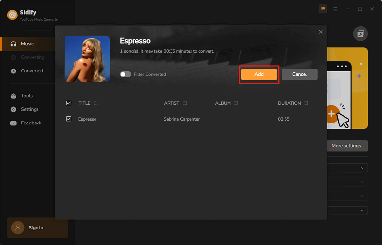 Click on Add for converting in Sidify YouTube Music Converter