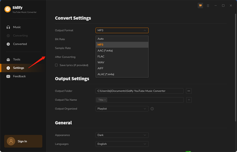 Select Settings to adjust download settings in Sidify YouTube Music Converter