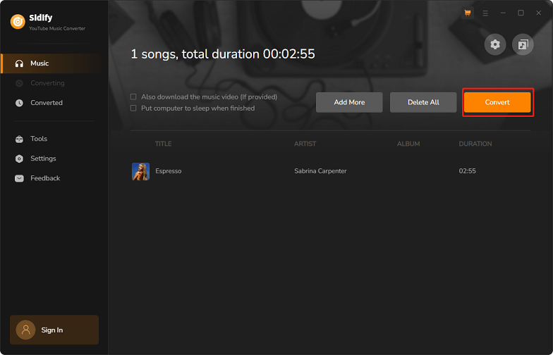 Click on Convert to start downloading in Sidify YouTube Music Converter