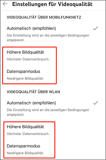 Einstellungen für Videoqualität