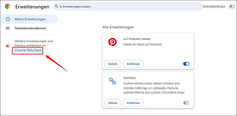 Klicken Sie auf die blaue Schrift Chrome Web Store links