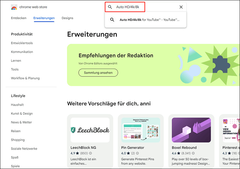 Geben Sie Auto HD/4k/8k in die Suchleiste ein