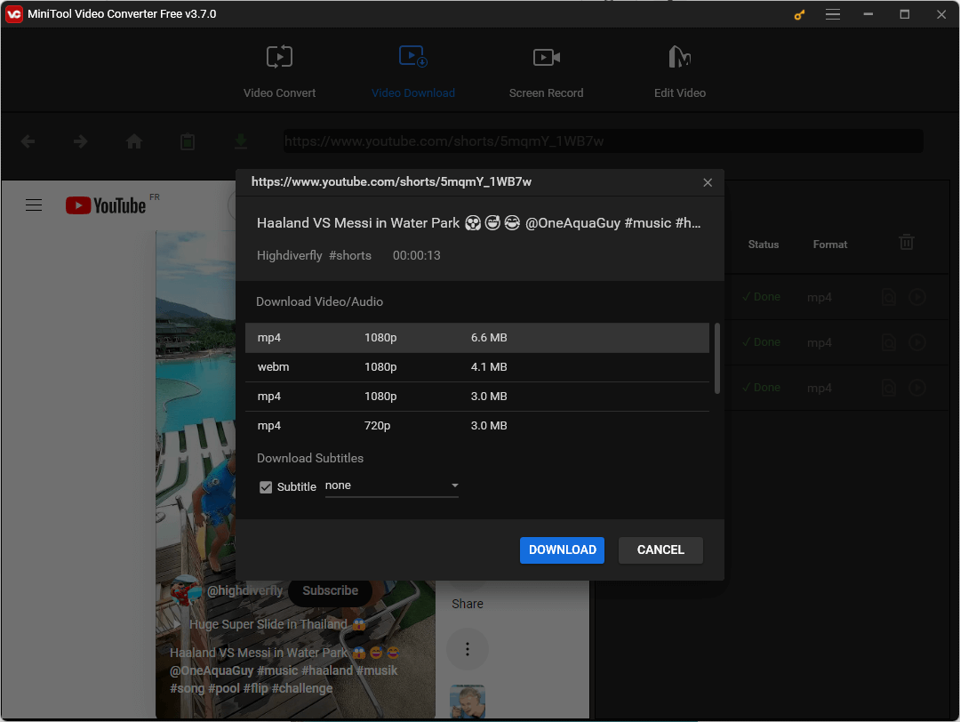 select YouTube Shorts format to download