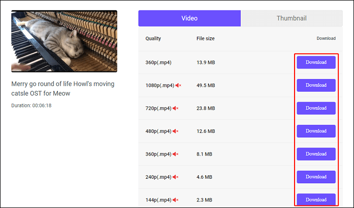 select output quality and click Download